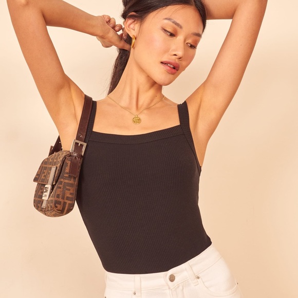 Reformation Rochelle Square Neck Ribbed Knit Tank, Black, XS - Picture 2 of 7